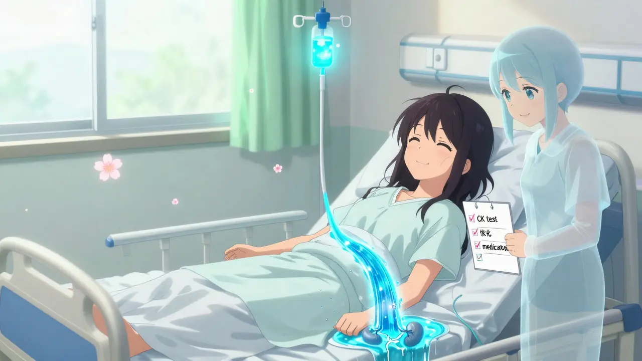 Patient hospitalisée avec perfusion bleue, son urine devient une rivière vers un rein fissuré, des pétales de cerisier flottent.