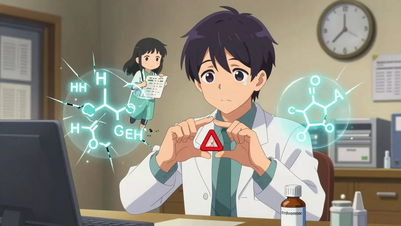 Pharmacien tenant une statine et un antibiotique, un symbole d'avertissement rouge entre eux, des enzymes qui se brisent.