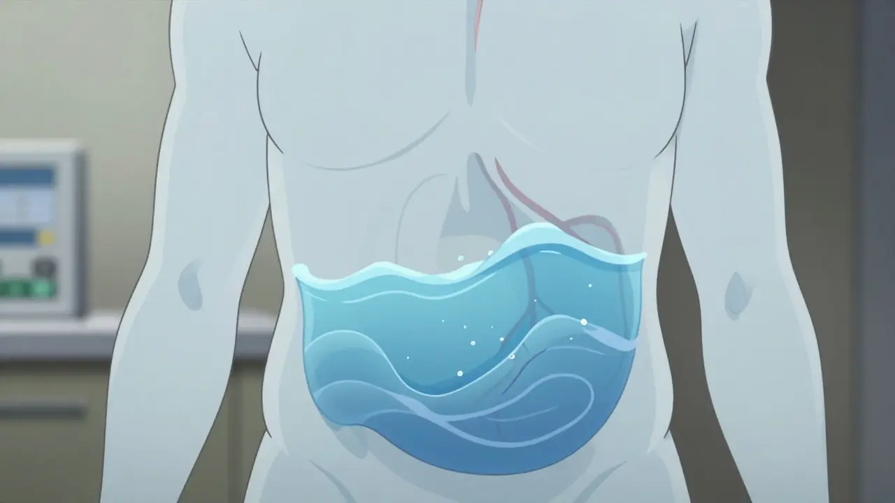 Silhouette de corps avec vagues d'eau représentant l'ascite, style manga.