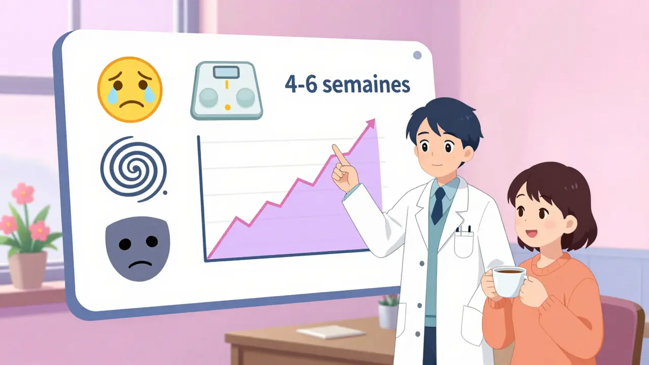 Un tableau médical animé montrant les effets secondaires des antidépresseurs, avec un patient apaisé et une horloge indiquant 4 à 6 semaines.