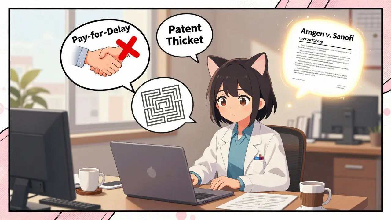 Une analyste dans un bureau entourée de bulles de pensée illustrant les pièges juridiques des brevets pharmaceutiques.