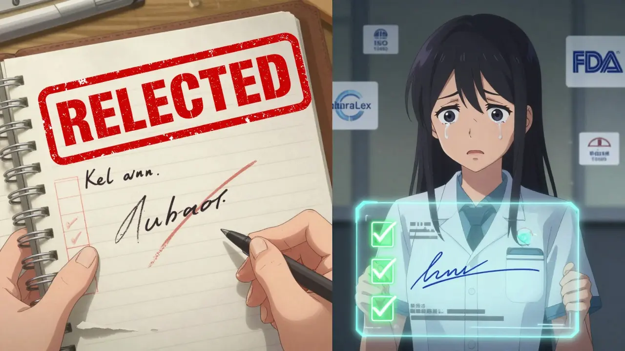 Une jeune femme compare un registre papier erroné à une interface numérique parfaite, un rejet rouge flotte au-dessus.