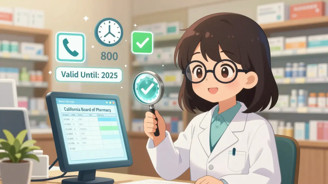 Une pharmacienne montre un permis valide avec une loupe sur un écran numérique en lumière dorée.