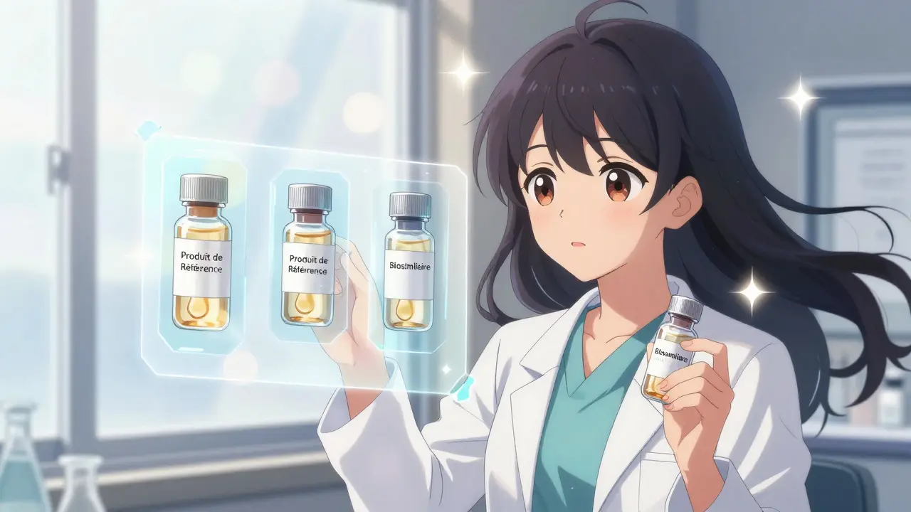 Une scientifique compare deux vials de médicaments biologiques avec des données flottantes en forme de verre.