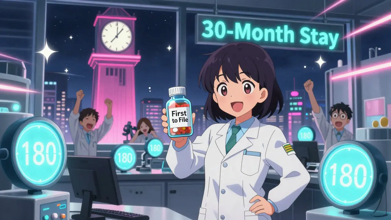 Une usine de génériques célèbre une victoire avec un compte à rebours de 180 jours et un délai juridique de 30 mois en arrière-plan.