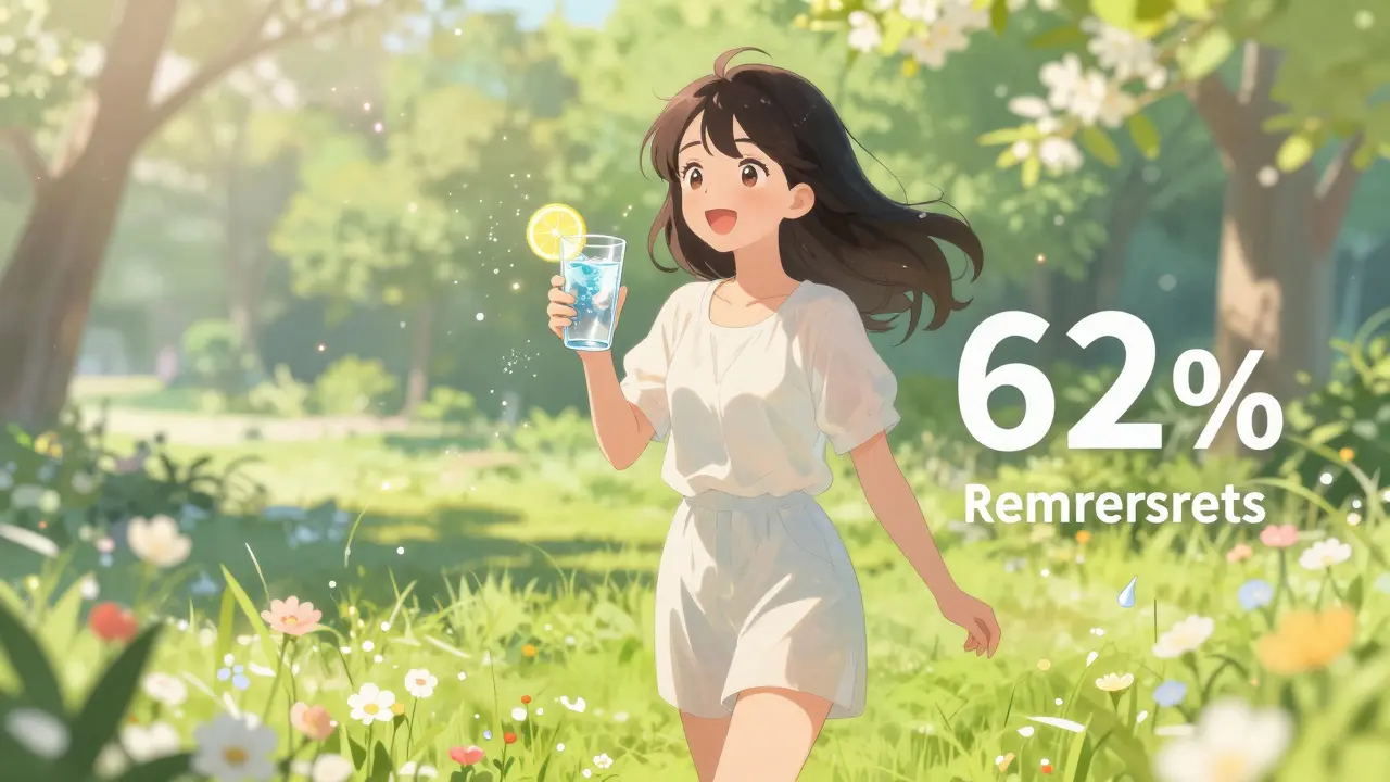 Femme souriante buvant de l'eau dans un parc ensoleillé, symbolisant la guérison.