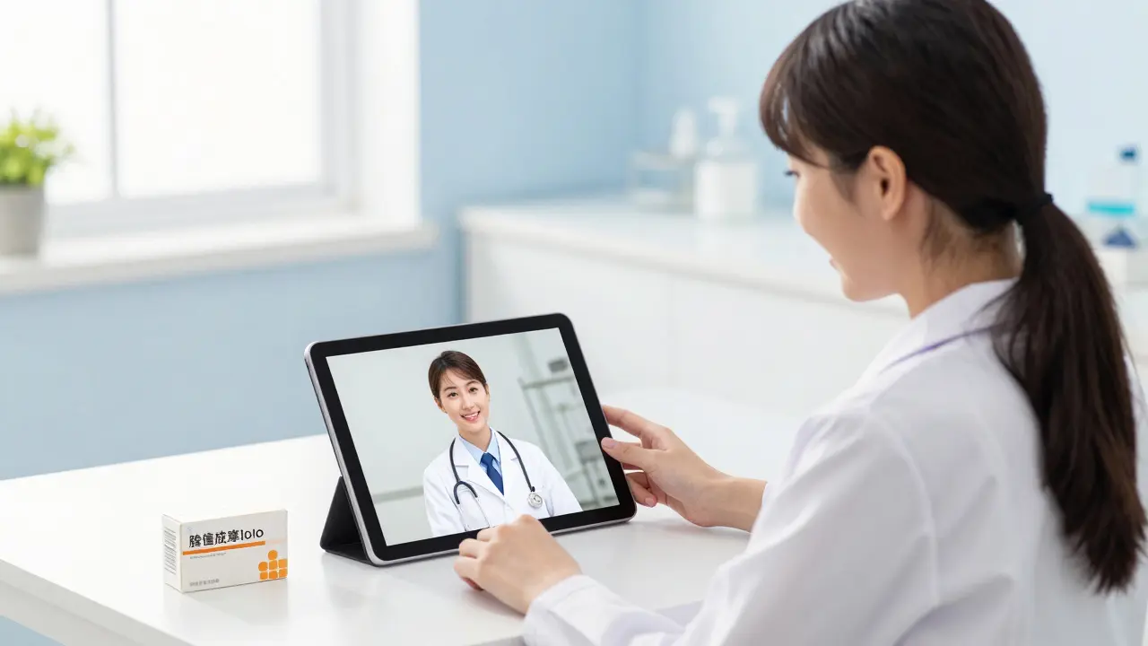Femme souriante en consultation de télémédecine avec son traitement à côté.