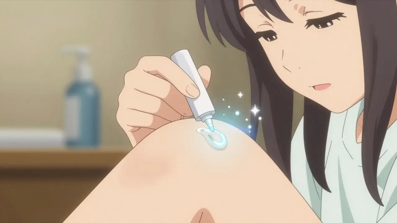 Illustration style anime d'une application délicate de gel anti-inflammatoire sur un genou.