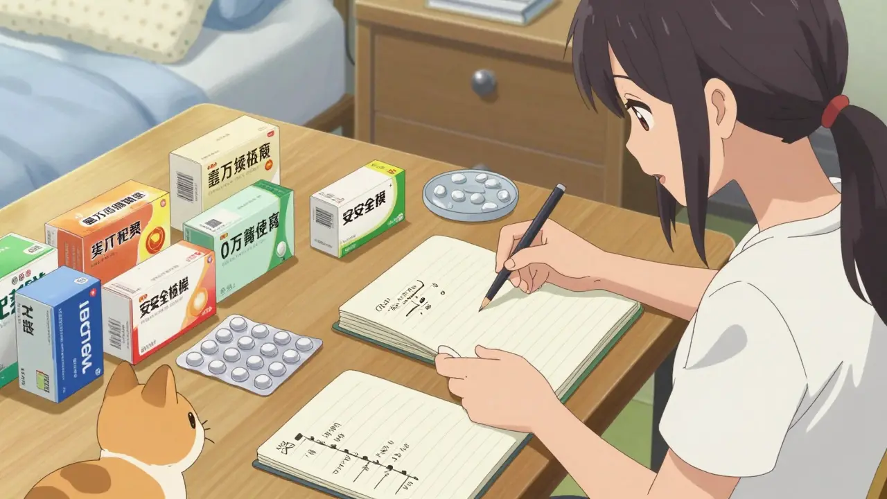 Jeune femme organisant des preuves et un journal de santé sur son bureau.