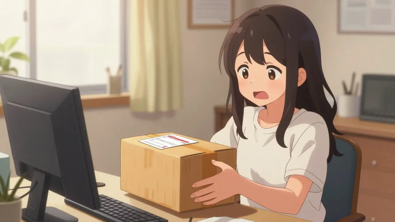 Jeune femme souriante recevant sa commande de médicaments génériques à domicile.