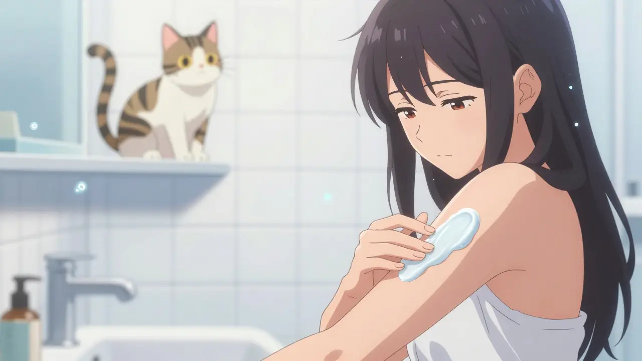 Jeune femme style anime Moe appliquant soigneusement de la crème sur sa peau dans une salle de bain.