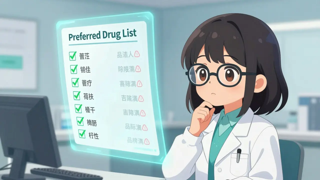 Jeune médecin analysant une liste numérique de médicaments préférés.