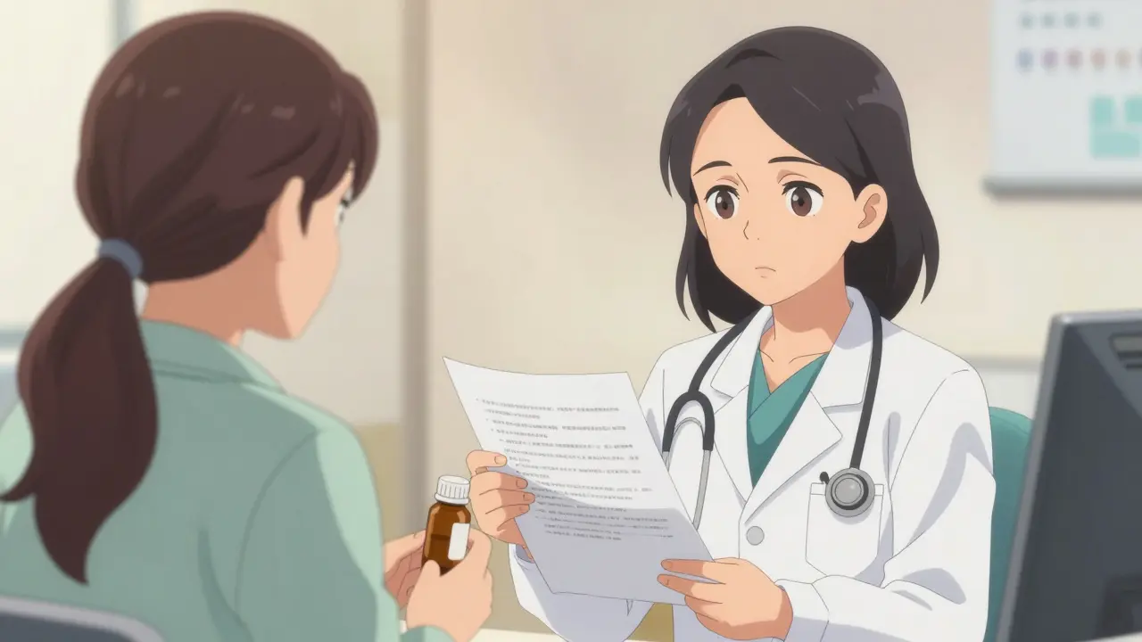 Patiente discutant calmement d'une erreur de dosage avec son médecin en consultation.