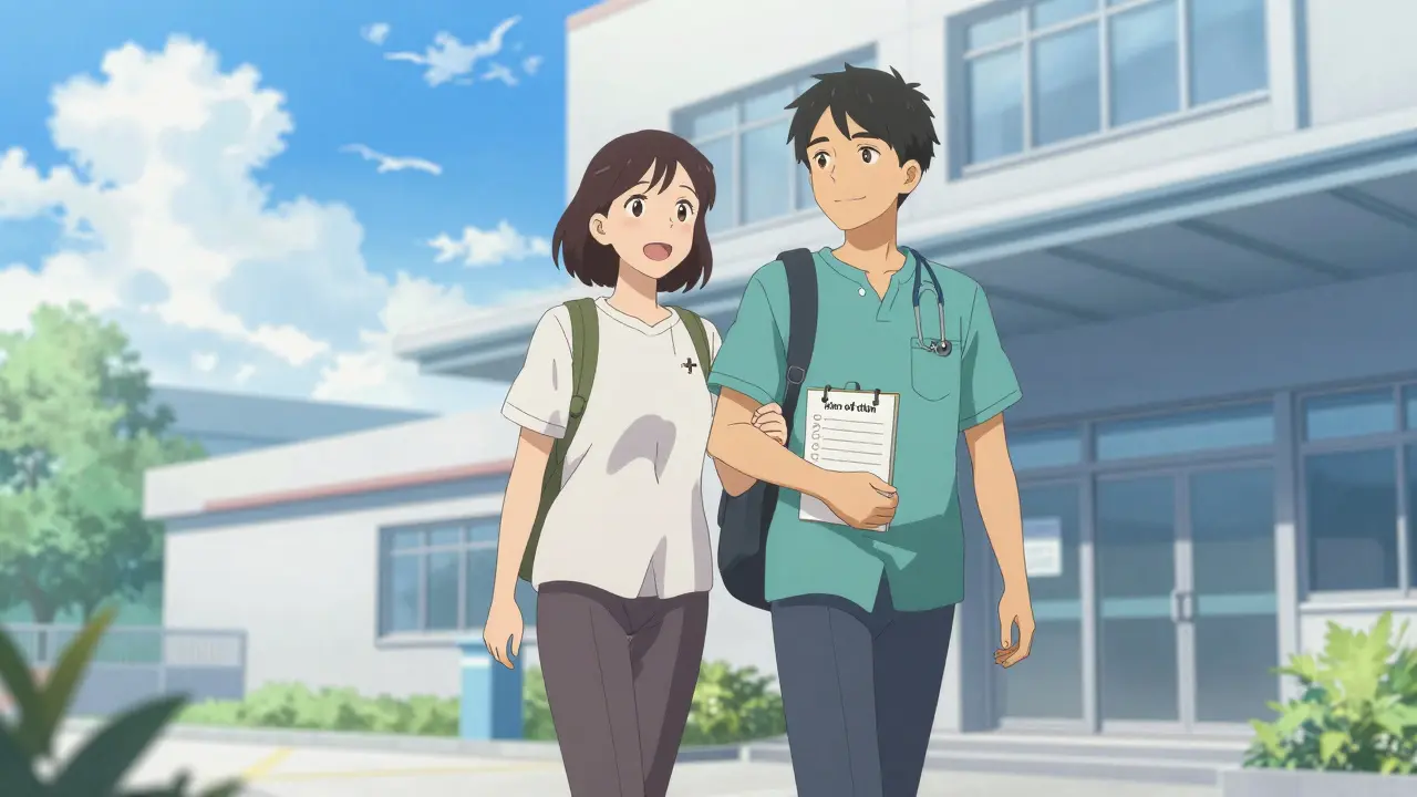 Patiente et son proche quittant la clinique avec un plan d'action clair.