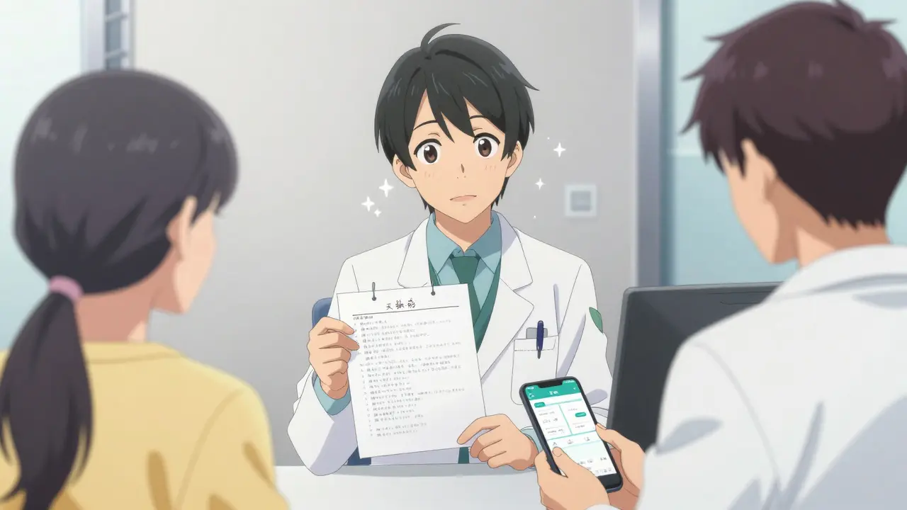 Patiente montrant sa liste de symptômes et son application de santé au médecin.