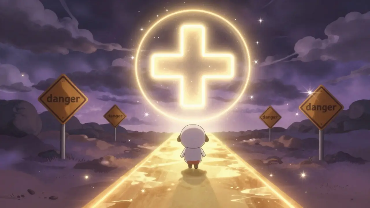 Personnage anime suivant un chemin lumineux vers des soins de santé sécurisés.