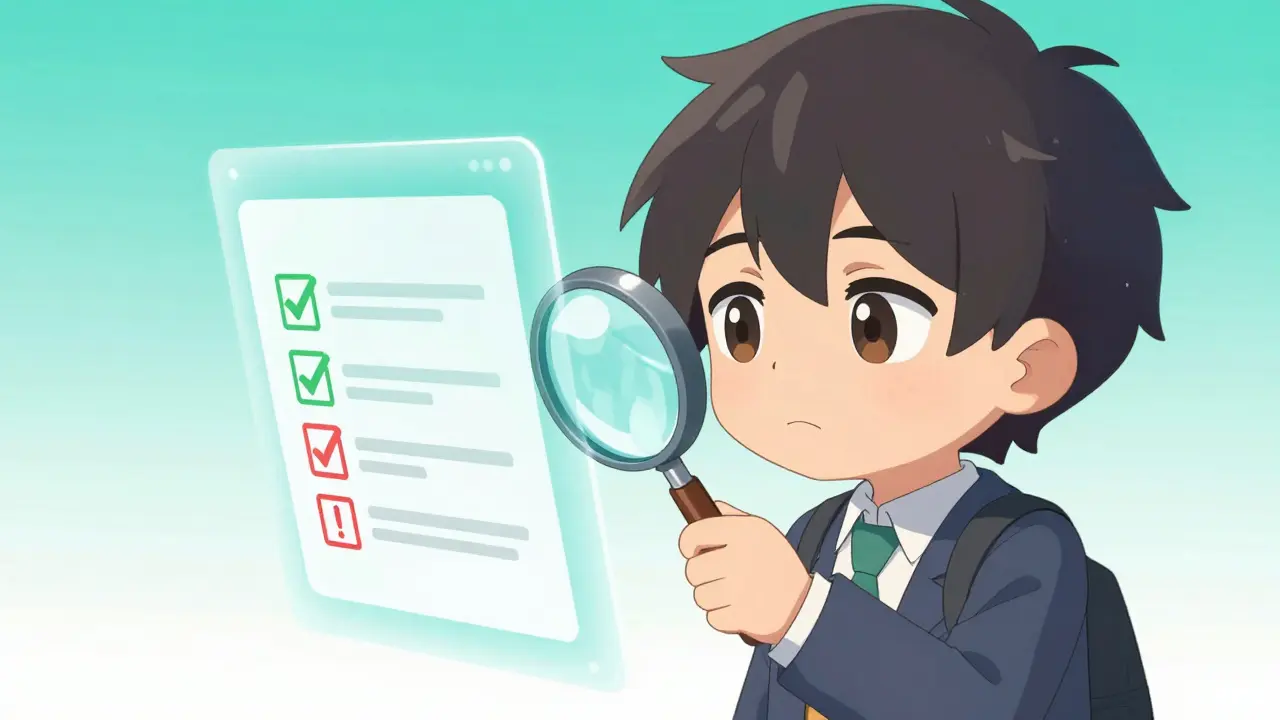 Personnage anime vérifiant avec soin une liste de sécurité pour un achat en ligne.