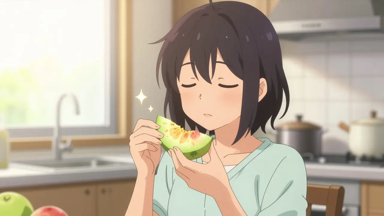 Personnage serein savourant un fruit en pleine conscience dans une cuisine lumineuse.