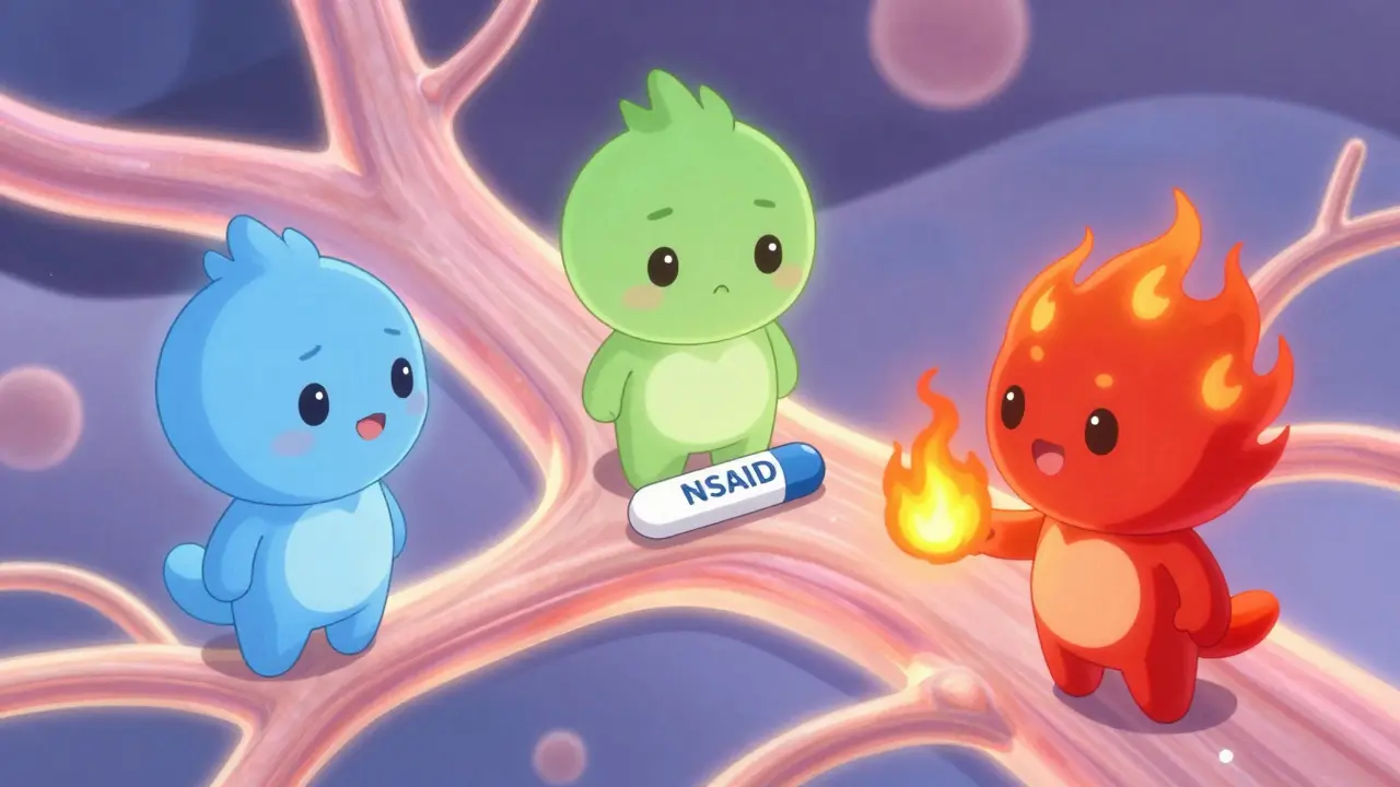 Personnages anime symbolisant la lidocaïne, la capsaïcine et les AINS interagissant avec des nerfs.