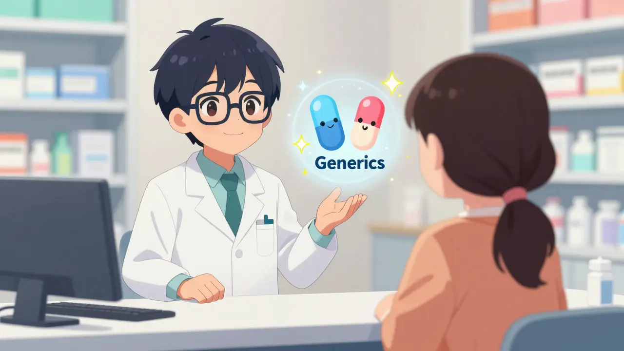 Pharmacien bienveillant expliquant l'équivalence entre médicament de marque et générique.