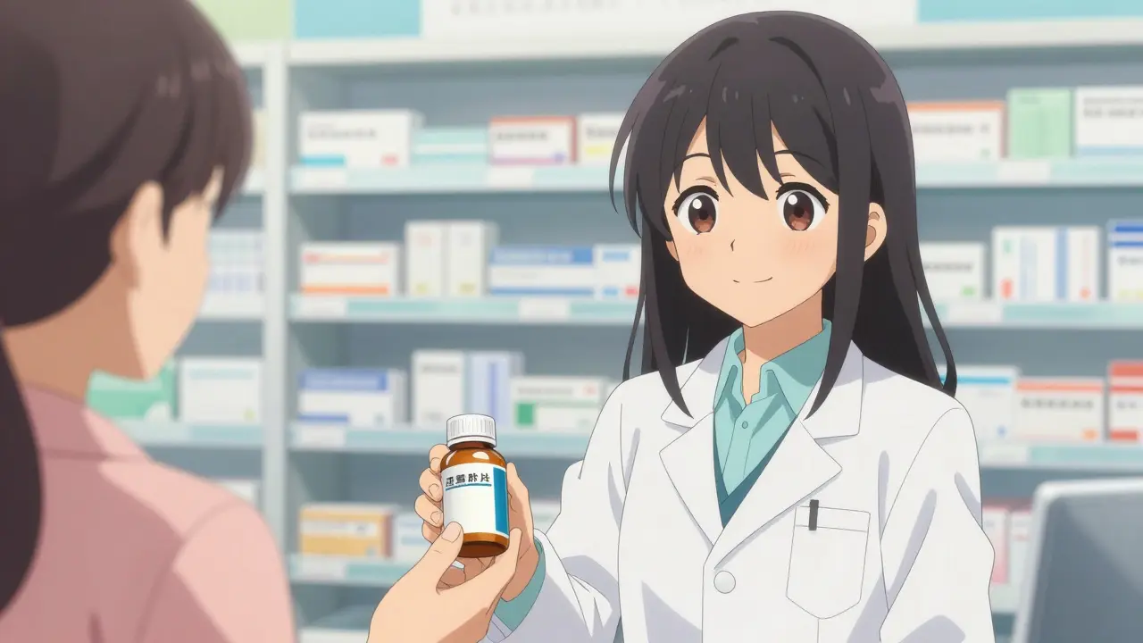 Pharmacienne mignonne style moe remettant un médicament générique à un client.