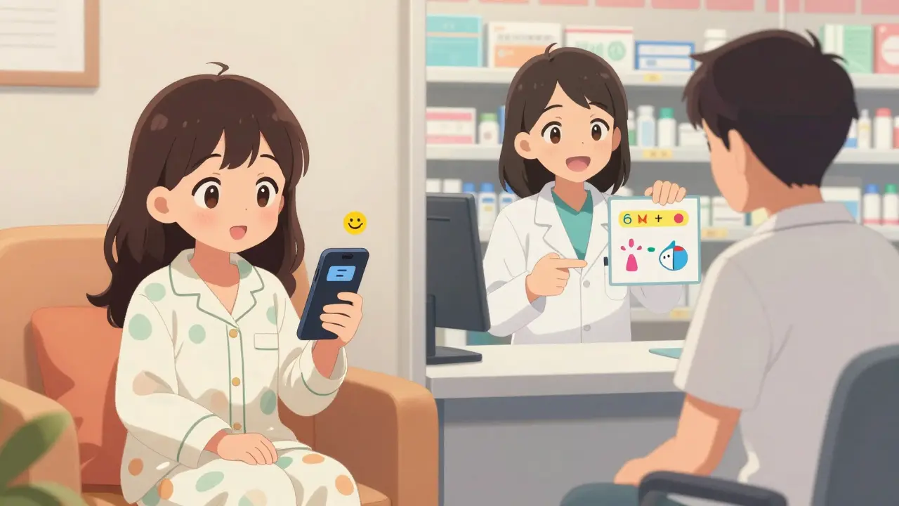 Un patient reçoit un rappel SMS et discute avec un pharmaciste accueillant en style anime.