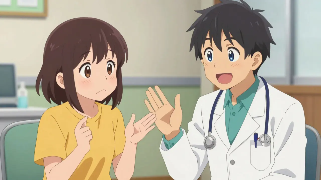 Un patient reformule les instructions médicales avec un sourire dans un style anime Moe.