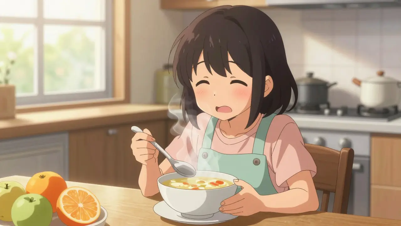 Fille souriante mangeant un repas sain à base de gingembre, illustrant les remèdes naturels contre le reflux acide.