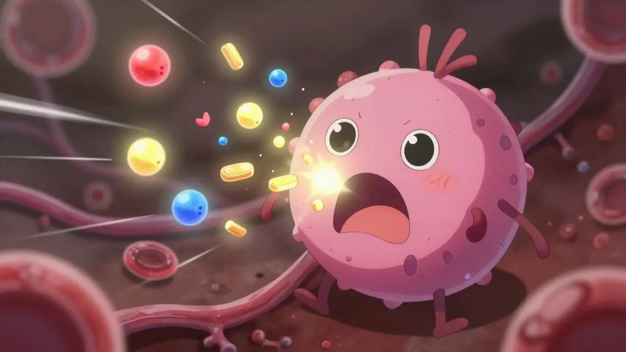 Mastocyte libérant des médiateurs colorés comme des étincelles
