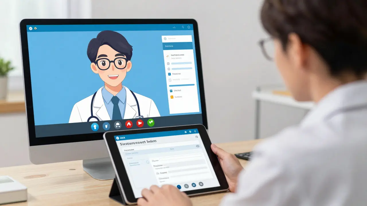 Médecin amical lors d'une consultation vidéo sur tablette pour ordonnance en ligne
