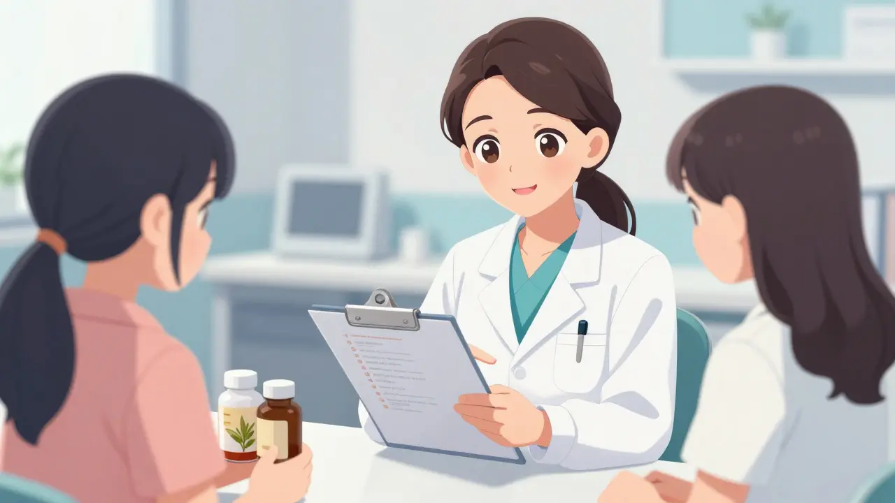 Médecin bienveillant discutant de la liste des suppléments avec un patient rassuré