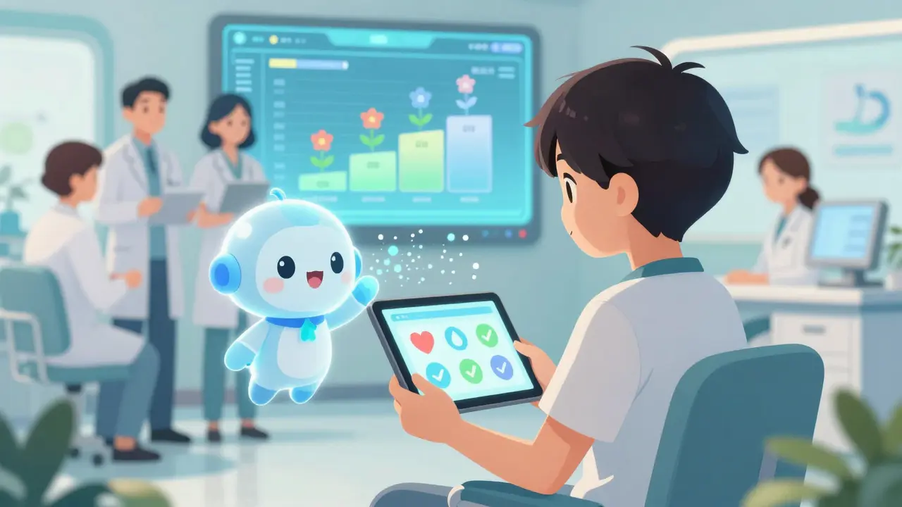 Patient utilisant une tablette avec un assistant IA mignon pour suivre son éducation thérapeutique.