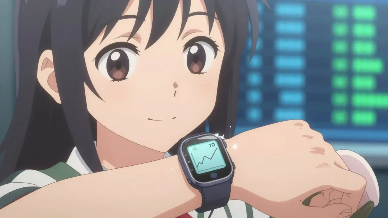 Personnage kawaii regardant son moniteur de glycémie avec confiance