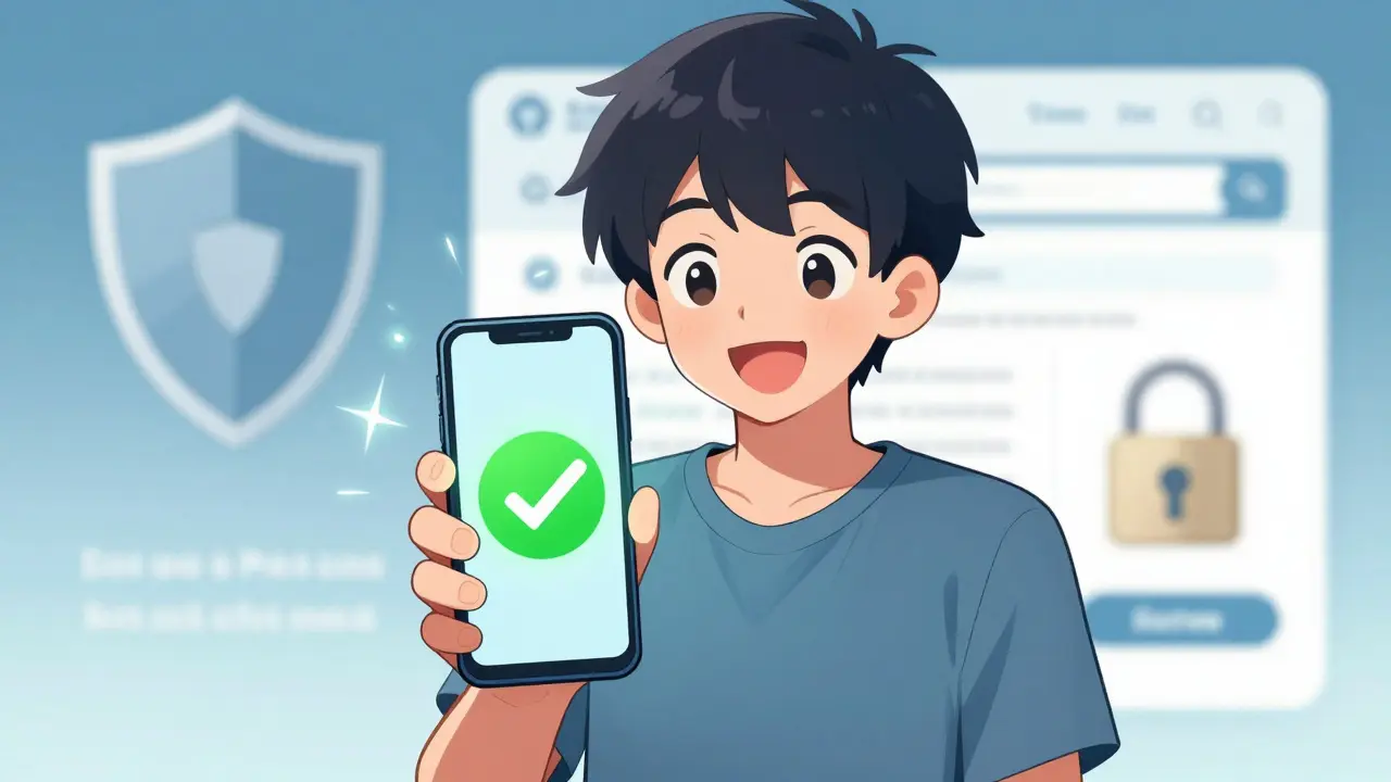 Personne heureuse tenant un téléphone montrant une commande en ligne sécurisée et validée.