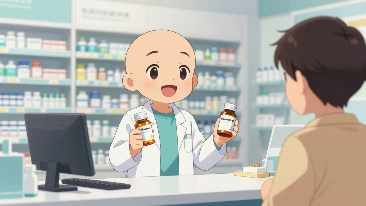 Pharmacien amical expliquant les différences entre deux types de pilules à un client.