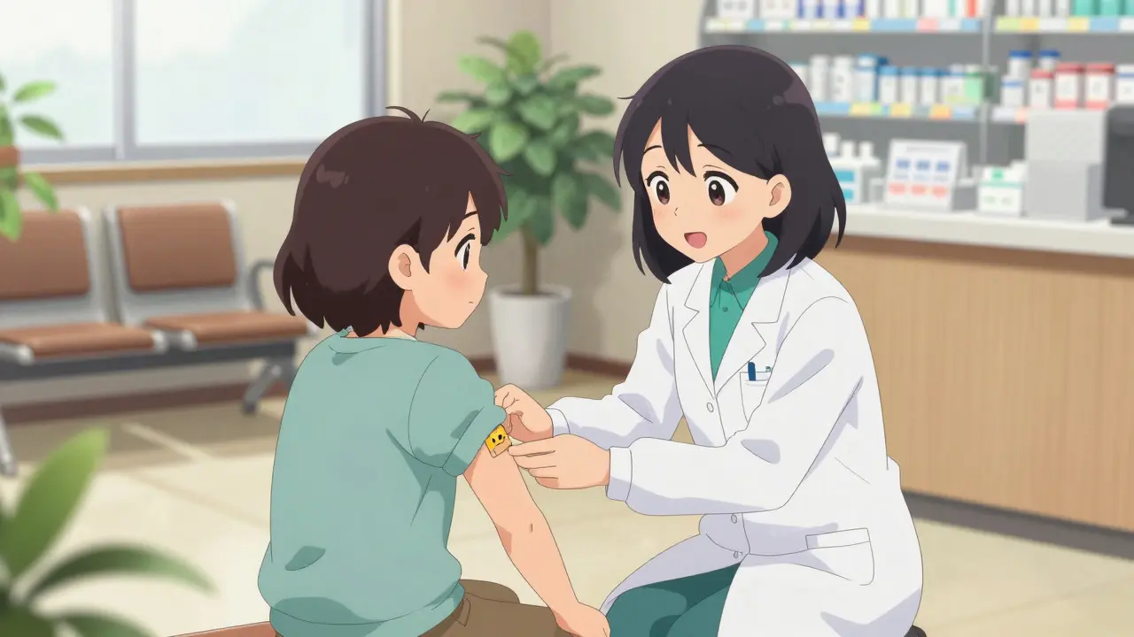 Pharmacien anime administrant un vaccin à un jeune patient