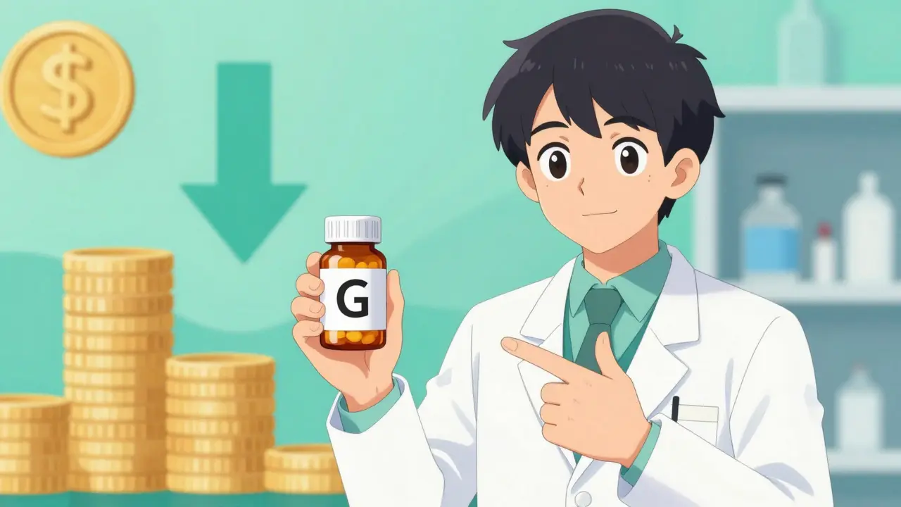 Pharmacien anime comparant médicaments génériques et de marque