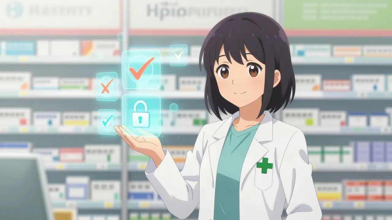 Pharmacien bienveillant tenant une croix verte, symbolisant la sécurité et la fiabilité de l'achat de médicaments en ligne.