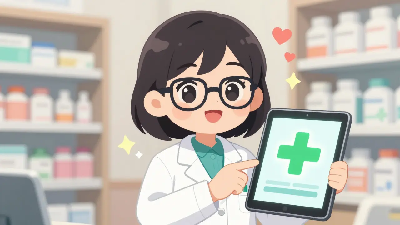 Pharmacien mignon pointant un logo vert de pharmacie en ligne certifiée sur une tablette
