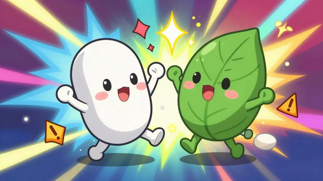 Représentation symbolique mignonne des interactions dangereuses entre médicaments et herbes