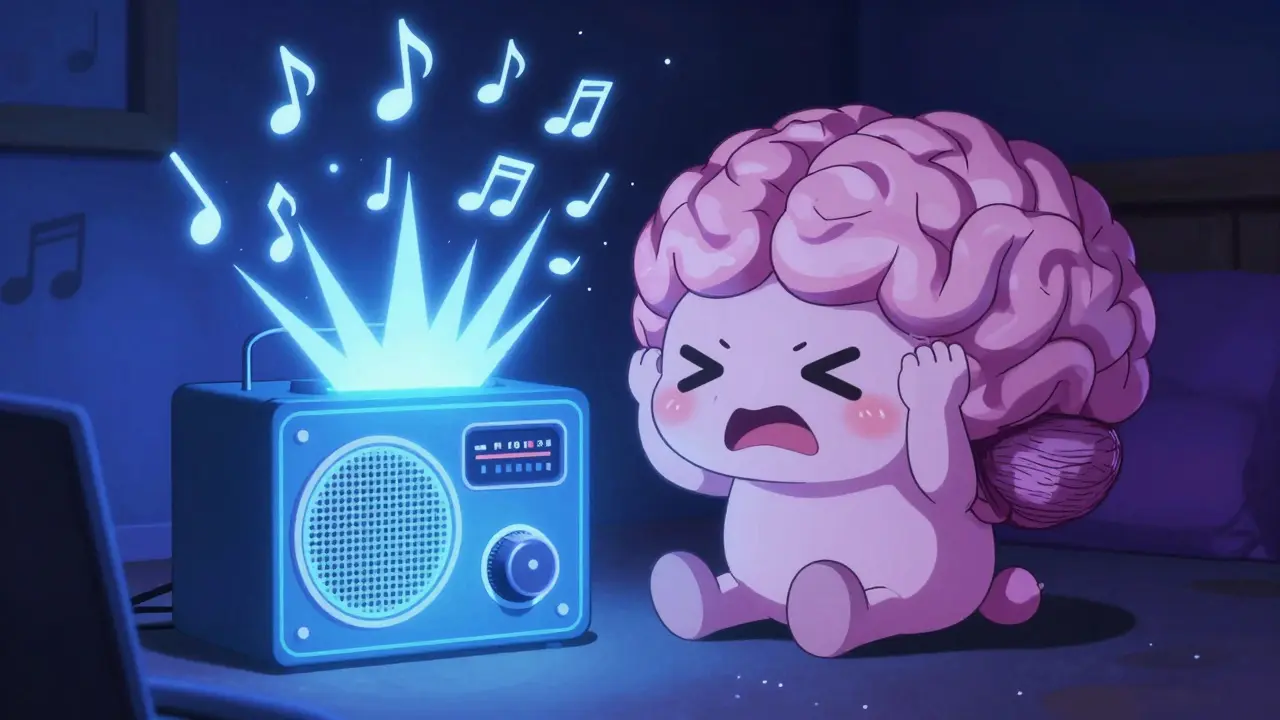 Cerveau anthropomorphisé devant une radio au volume maximal dans un style manga