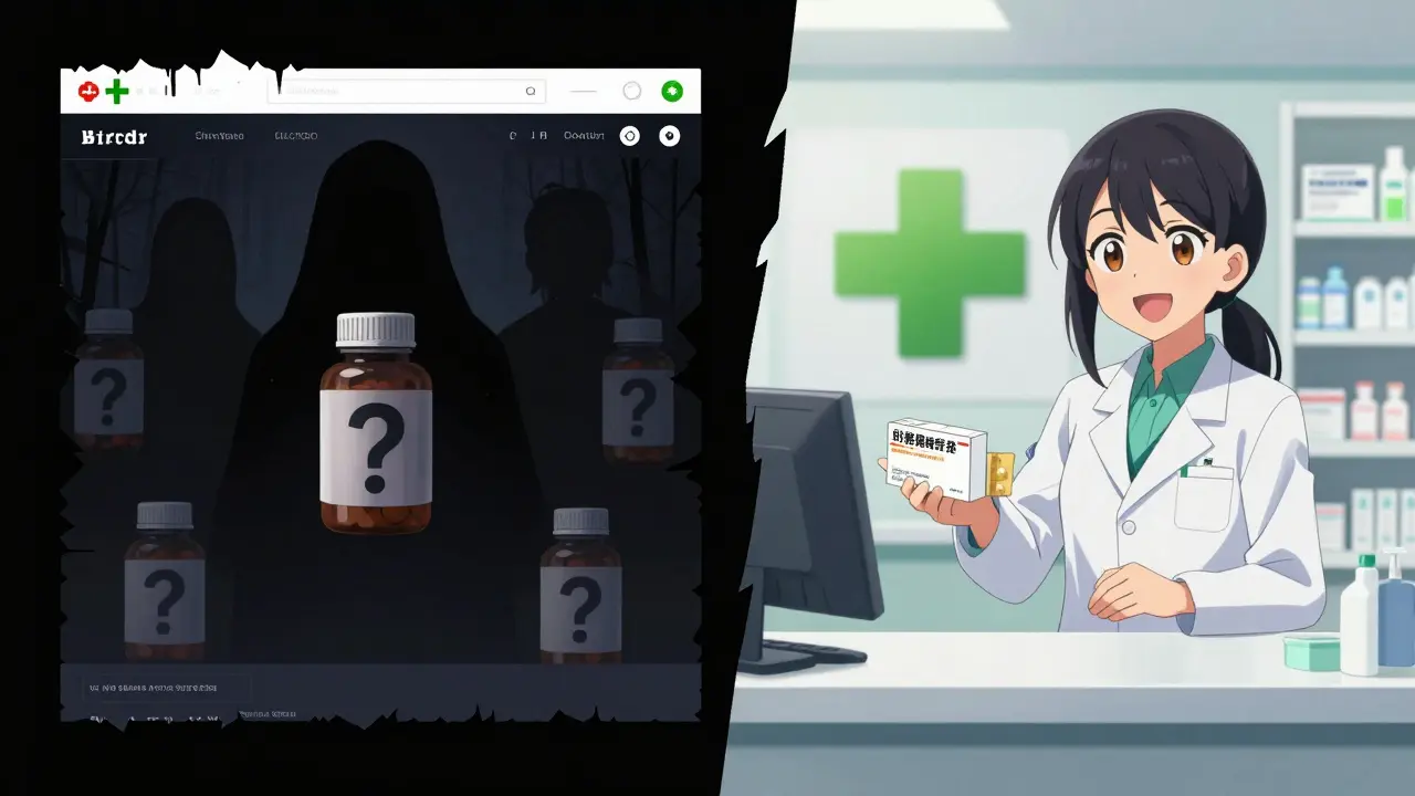 Contraste entre site web suspect et pharmacie légale sûre