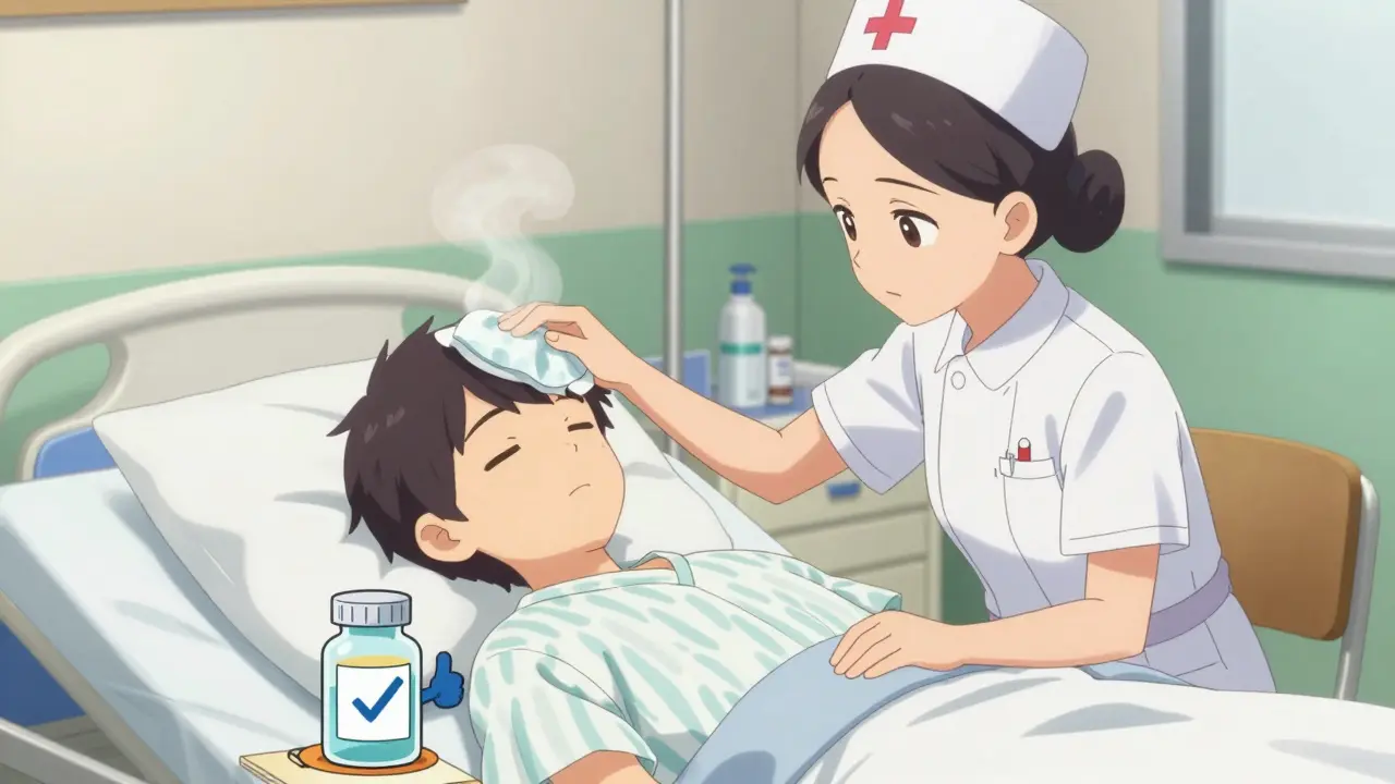 Infirmière anime appliquant une compresse froide, symbolisant les soins d'urgence
