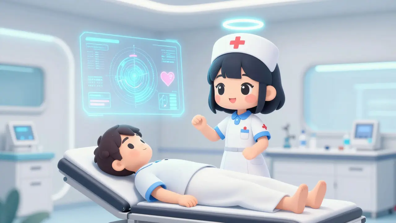 Infirmière mimi dans un hôpital futuriste avec technologie médicale avancée