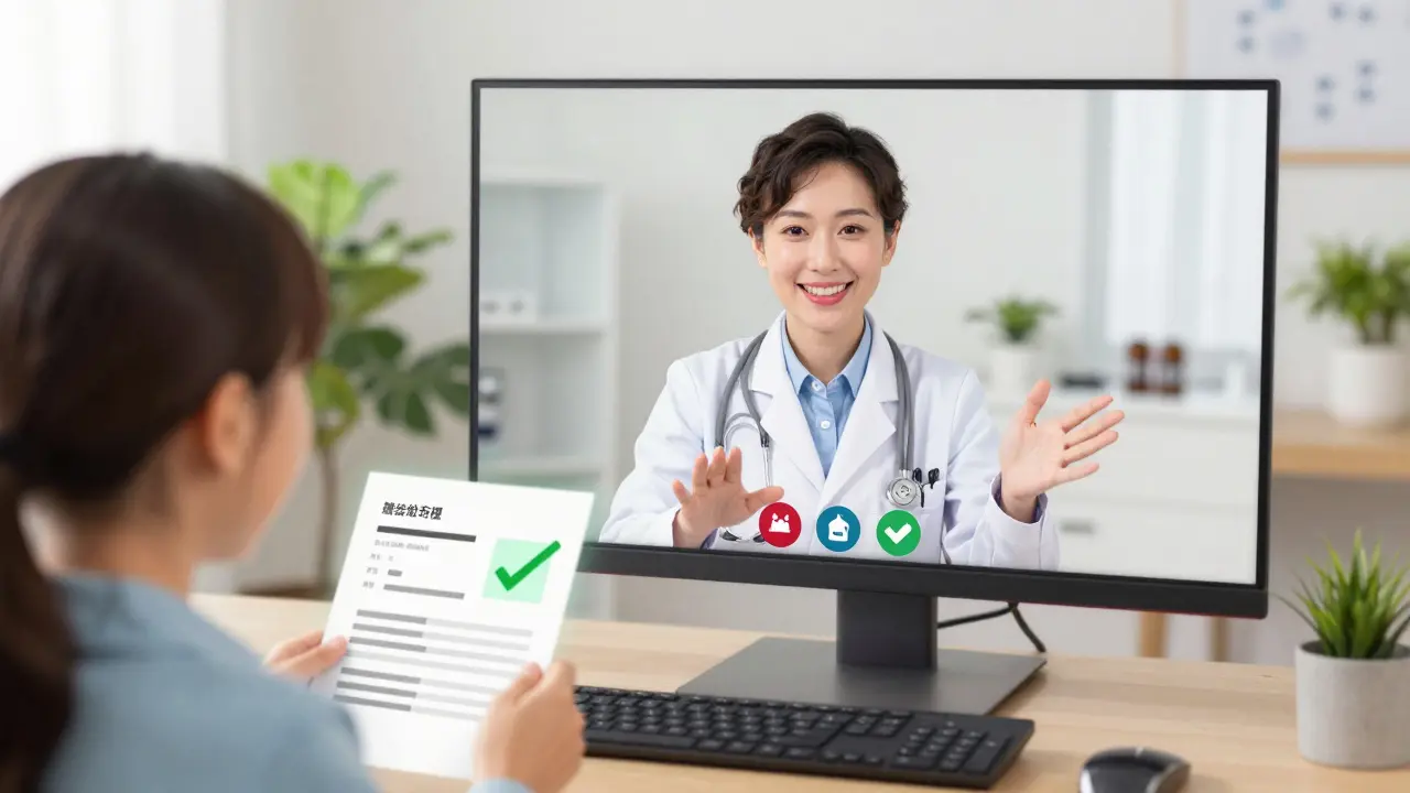 Médecin amical en visioconférence délivrant une ordonnance numérique sécurisée