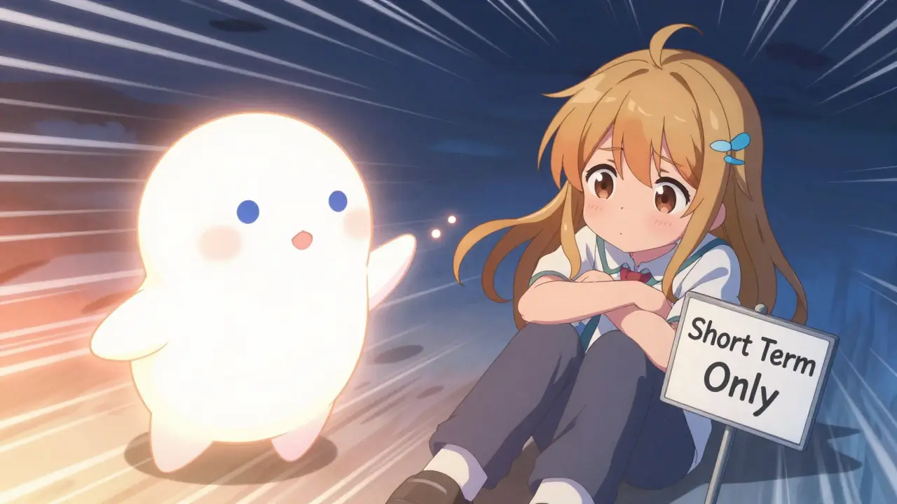 Un personnage anime moé recevant un soulagement rapide mais temporaire, illustrant l'usage prudent des benzodiazépines avec des avertissements visuels adorables.