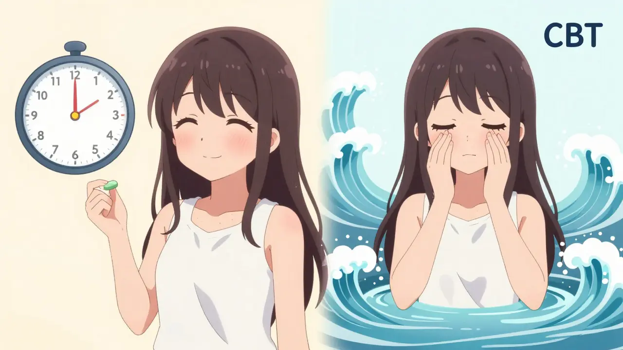 Une composition divisée montrant la combinaison harmonieuse du traitement médicamenteux et de la thérapie cognitivo-comportementale dans un style anime doux et pastelle.
