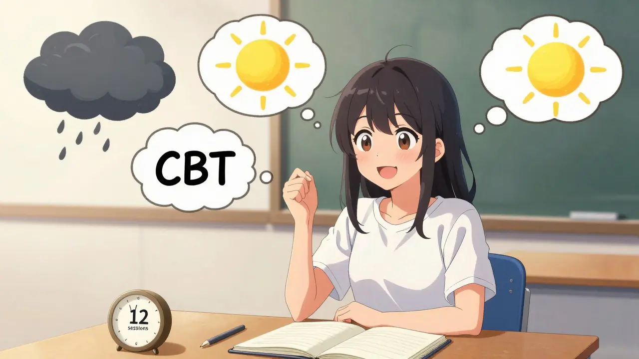 Une fille anime joyeuse pratiquant la TCC, transformant ses pensées anxieuses en pensées positives à travers des bulles de pensée stylisées et encourageantes.