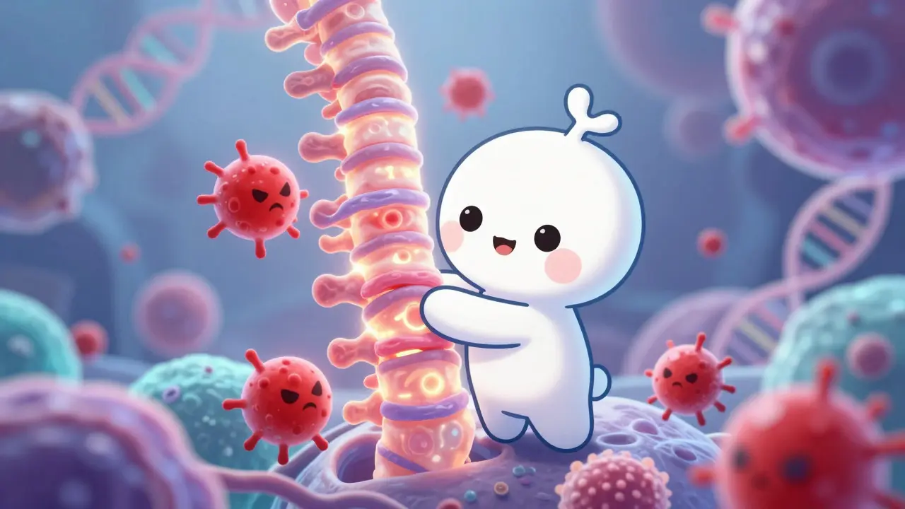 Anticorps mignon neutralisant l'inflammation dans une colonne vertébrale stylisée.