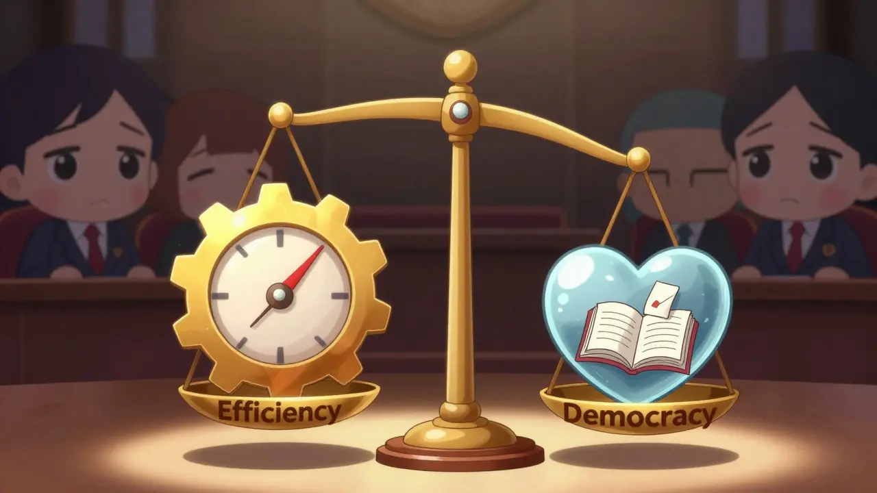 Balance de justice mignonne pesant efficacité contre démocratie